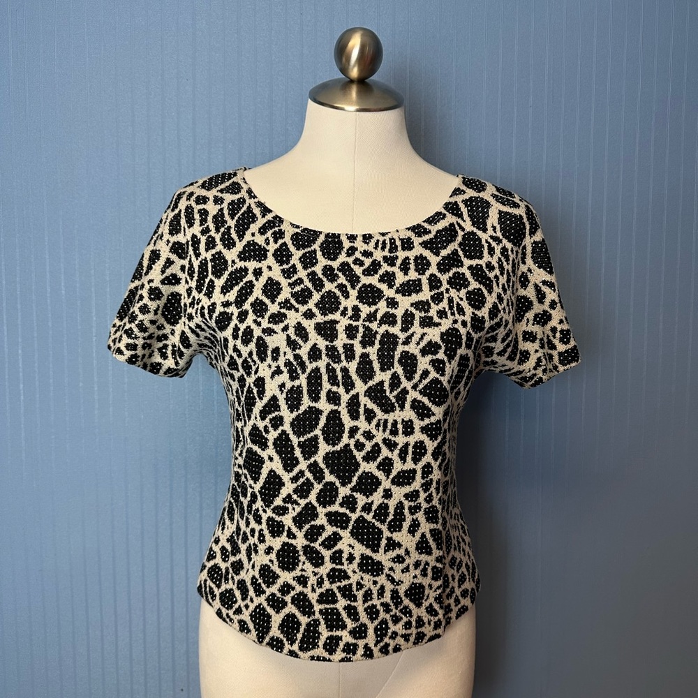 NWT St. John Evening  Black Shimmer Pullover Short Sleeve Knit Top Size Small